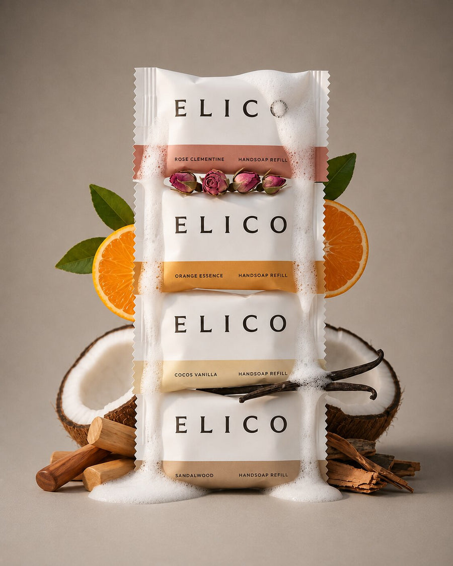 Four refill sachets with foam, coconut, orange, rose and wood