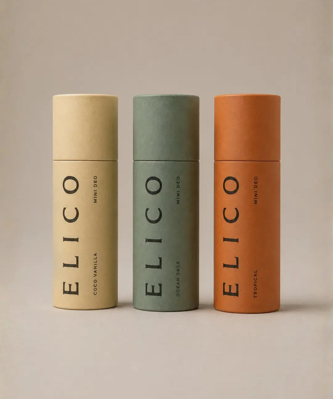Mini Deo in allen drei Düften — Coco Vanilla, Ocean & Sage und Tropical — in der Papphülse