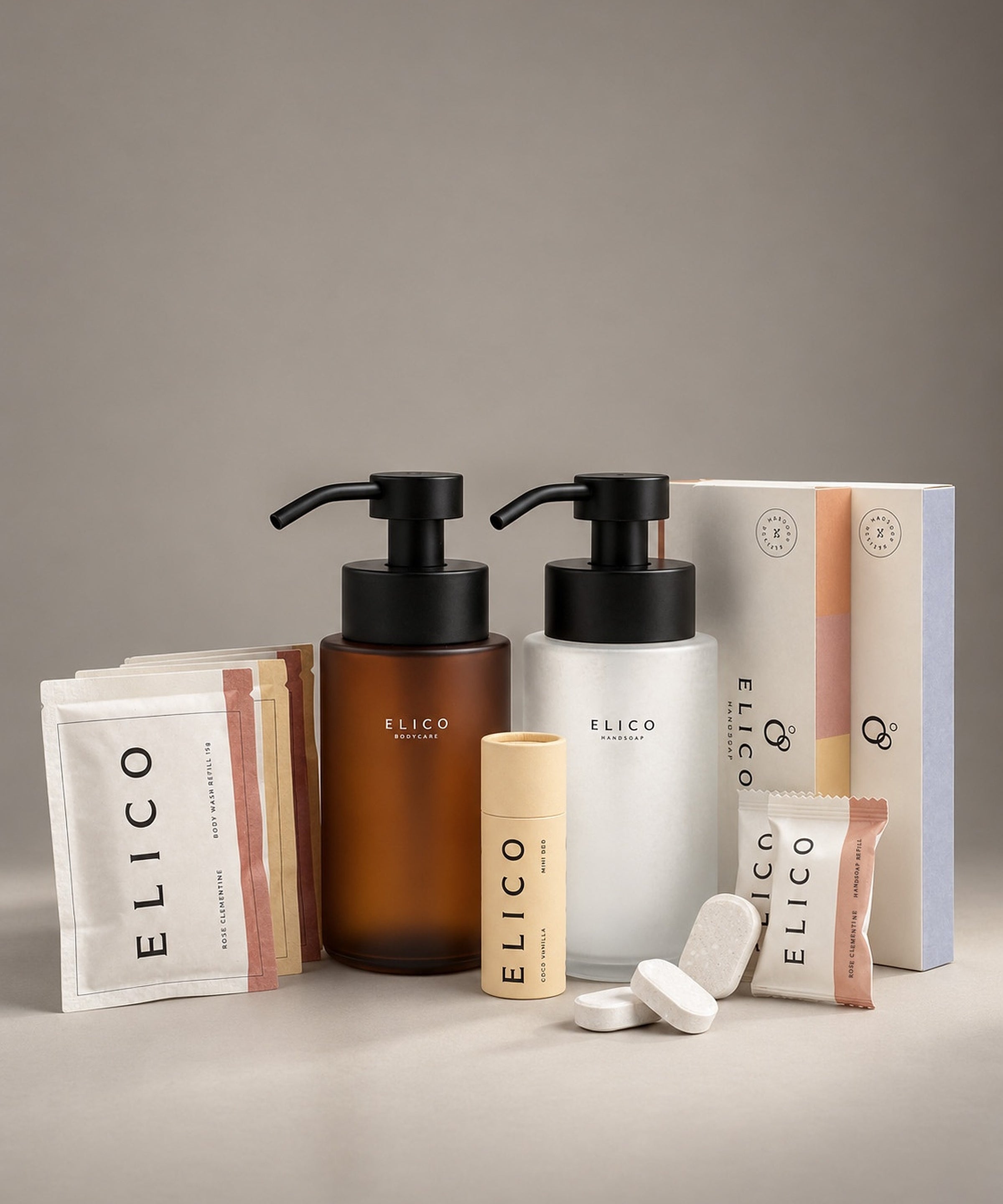 Badezimmer-Set: Handseifen- und Body-Wash-Spender, ein Mini Deo und Refills für Handseife und Body Wash
