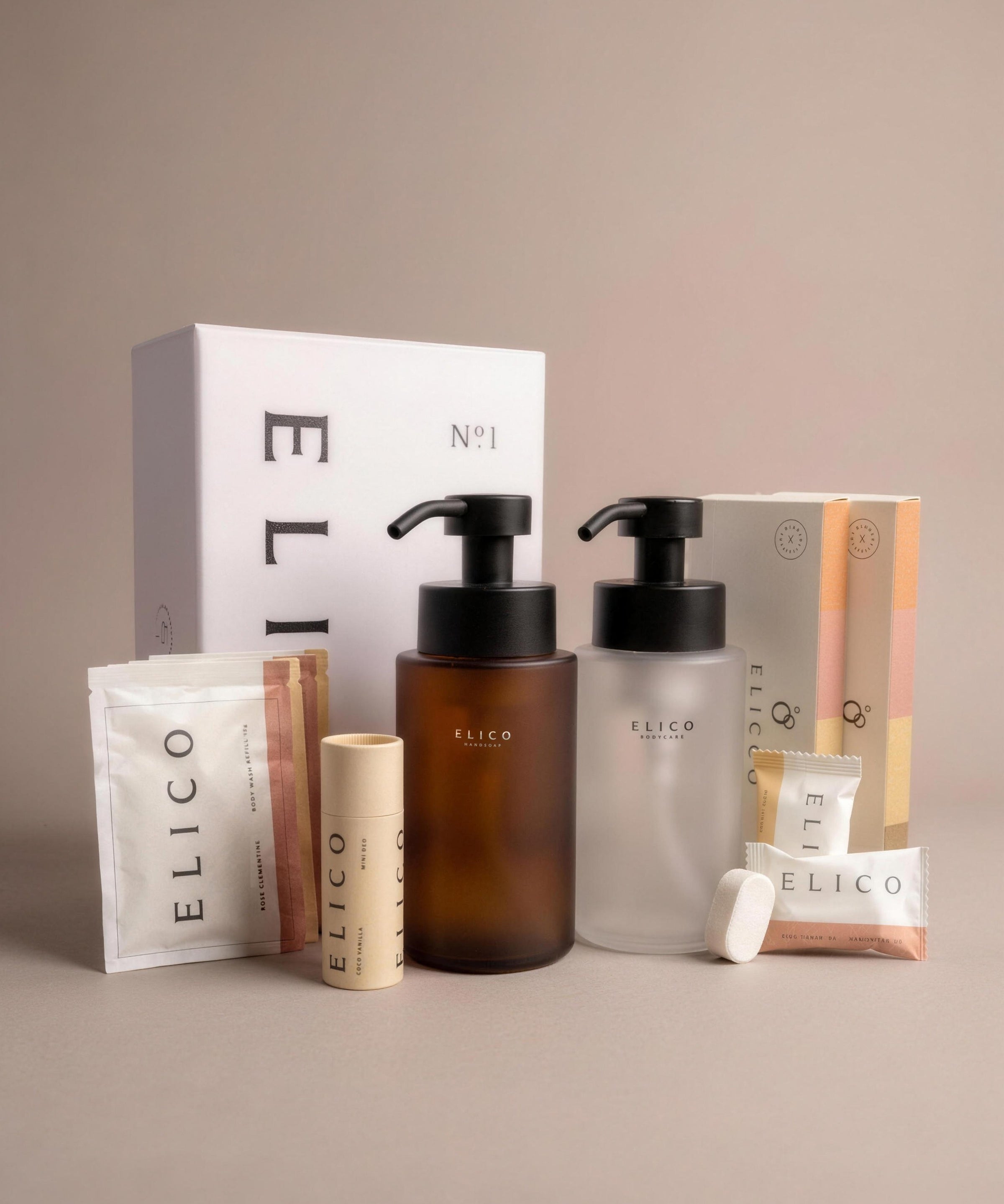 Badezimmer-Paket Large: Handseifen- und Duschgel-Spender, ein Mini Deo, Refills für Handseife und Duschgel