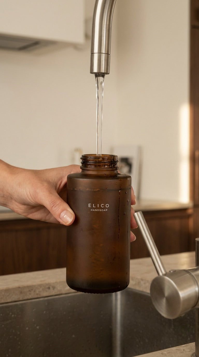 Dispenser av bärnstensglas som fylls med vatten under en kran