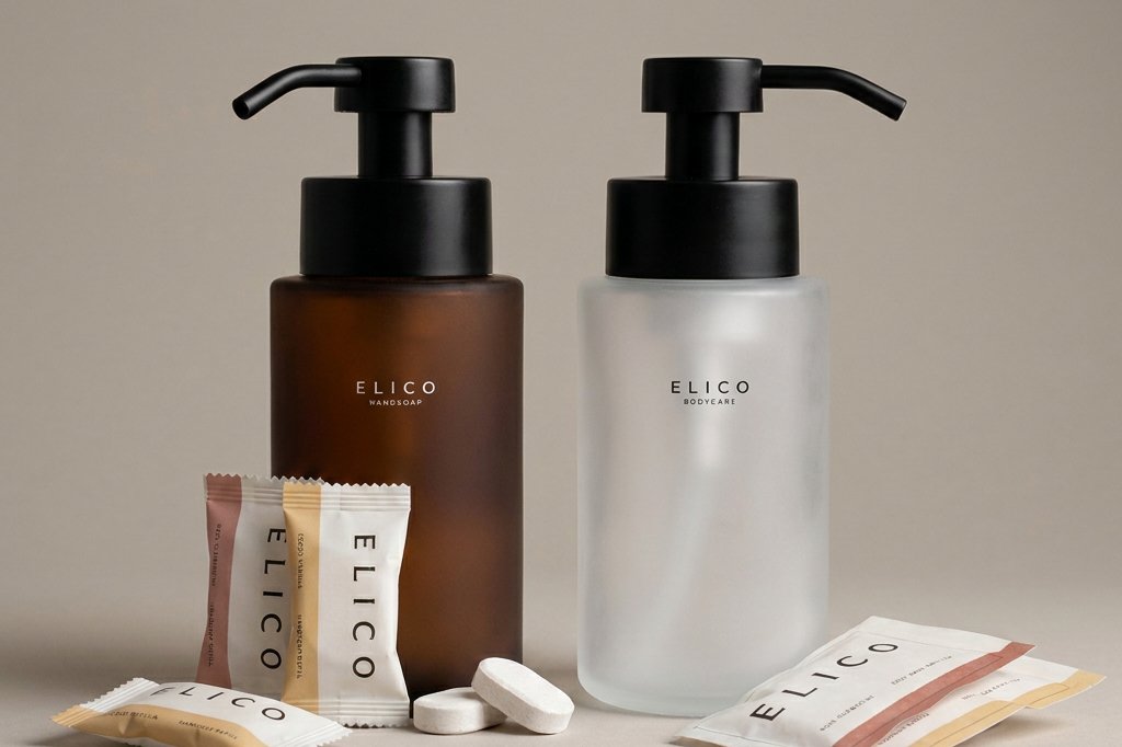 Amber body wash and frosted hand soap with refills